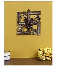 eCraftIndia Gold-Toned Handcrafted Lord Ganesha on Om Swastik Wall Hanging Showpiece