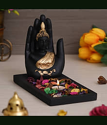 eCraftIndia Black & Gold-Toned Palm Buddha Showpiece With Tea Light Holder