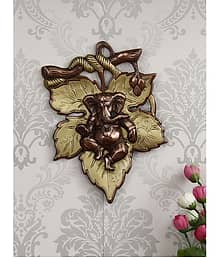 eCraftIndia Golden Finish Lord Ganesha On Creative Leaf Handcrafted Metal Wall Hanging