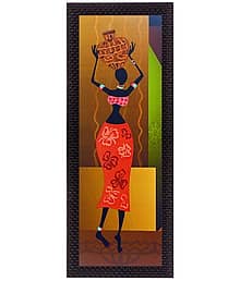 eCraftIndia Brown & Red Printed Tribal Woman With Vase Satin Matt Texture UV Wall Art