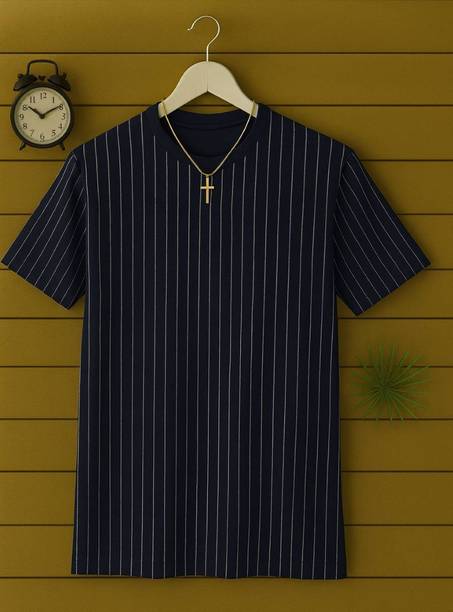 Men Printed Round Neck Polyester Navy Blue T-Shirt