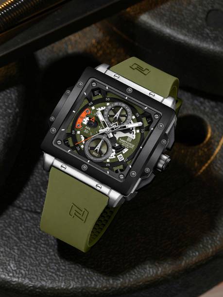 Elegant Square Silver& Green accents chronograph dial w...