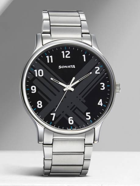 Sonata Smart Plaid Black Dial Silver Stainless Steel St...