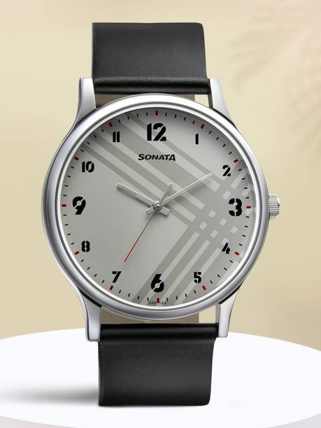 Sonata Smart Plaid White Dial Black Leather Strap Analo...
