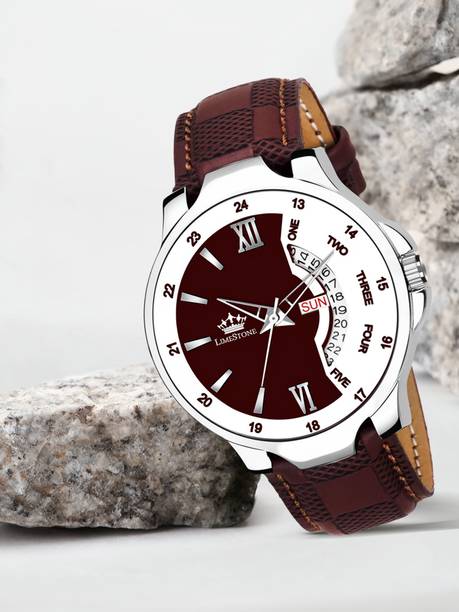 Brown Day and Date Functioning Check Pattern Strap Quar...