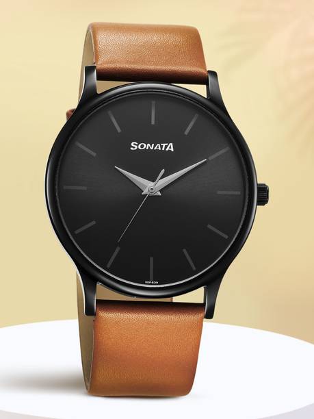 Sonata Aspire Quartz Black Dial Tan Leather Strap Analo...