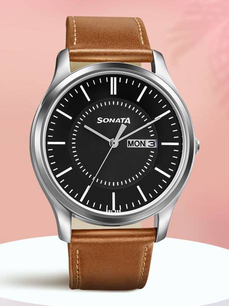 Sonata EStainless Steelentials Black Dial Tan LeatherSt...