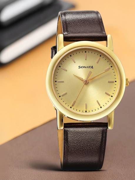 Sonata ClaStainless Steelic Champagne Dial Brown Leathe...