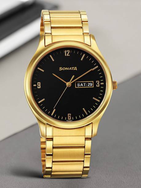 Sonata EStainless Steelentials Black Dial Gold Stainles...