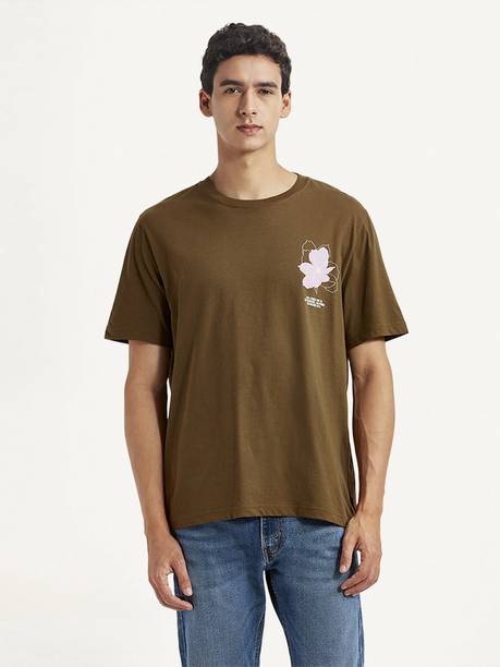 Men Floral Print Round Neck Pure Cotton Brown T-Shirt