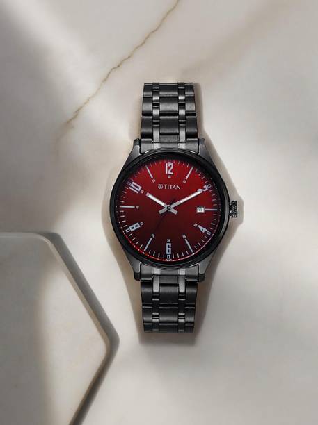 Titan Wrist Wit Red Dial Black Stainless Steel Strap An...