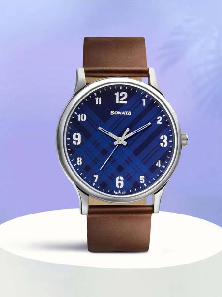 Sonata Smart Plaid Blue Dial Brown Leather Strap Analog...