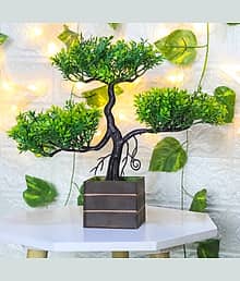 shanol Artificial Plant with Wood Pot for table office and home decor Bonsai Wild Artificial Plant with Pot (25 cm, Green)