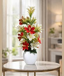 shanol Elegant Multi Color Artificial Lily Flower Vase Arrangement Home Decor Piece Artificial Plant (60 cm, Multicolor)