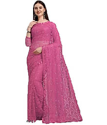 sukhvila Net Printed Regular Saree With Unstitched Blouse Piece ( Pink )
