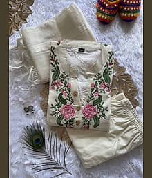 valencia tex Women Cotton Embroidered Straight Kurti With Pants ( Off White )