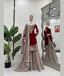 vesta exports Women Georgette Embroidered A-line Kurti With Sharara And Gharara ( Maroon )