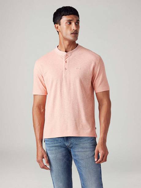 Men Self Design Henley Neck Pure Cotton Pink T-Shirt