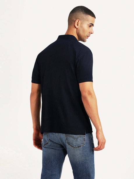 Men Self Design Polo Neck Cotton Blend Blue T-Shirt