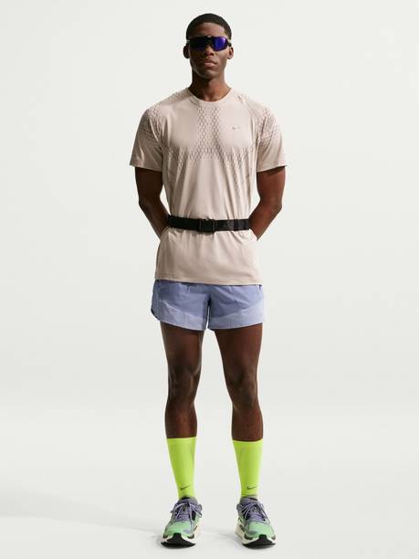 Men Solid Round Neck Polyester Beige T-Shirt